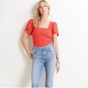 Nation LTD Scarlett Smocked Flutter Sleeve Top Candy Apple Red Orange xs